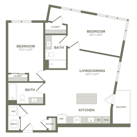 A floor plan of a home with two bedrooms, a living/dining area, a kitchen, and two bathrooms.